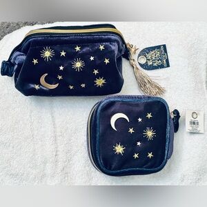 Set of Navy Velour Embroidered Moon & Stars Cosmetic & Jewelry Travel Cases
